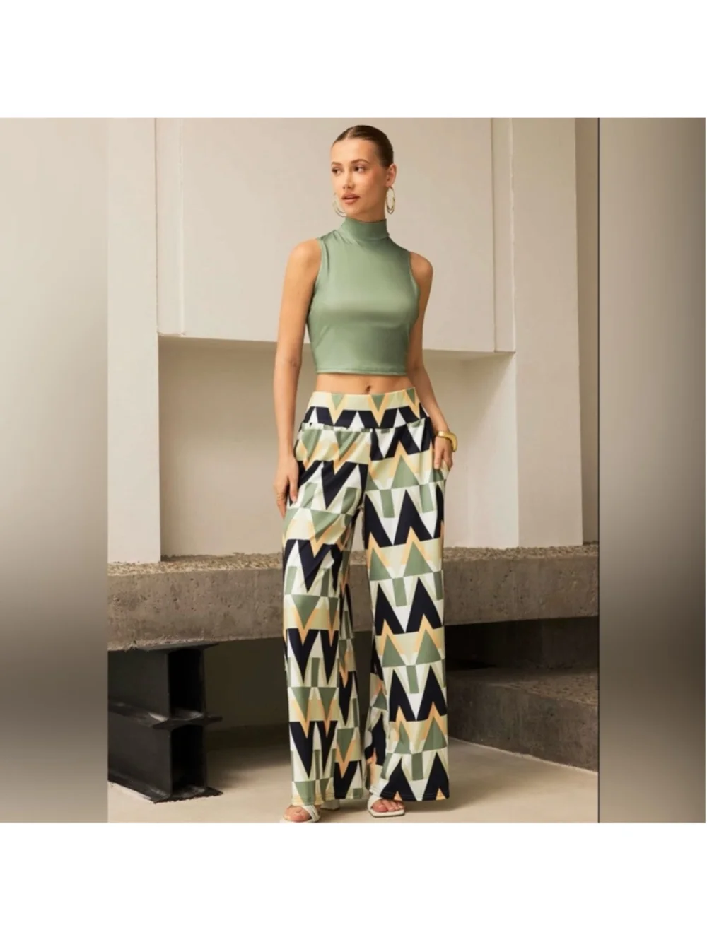 Micas Sleeveless Tank Top And Geometric Pattern Trousers Set XXL CC9-60